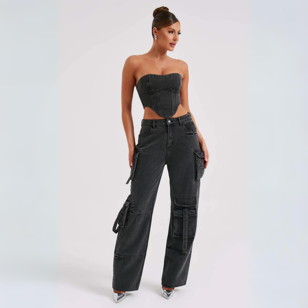 Conjunto Jeans Cargo e Cropped Corset com Amarração