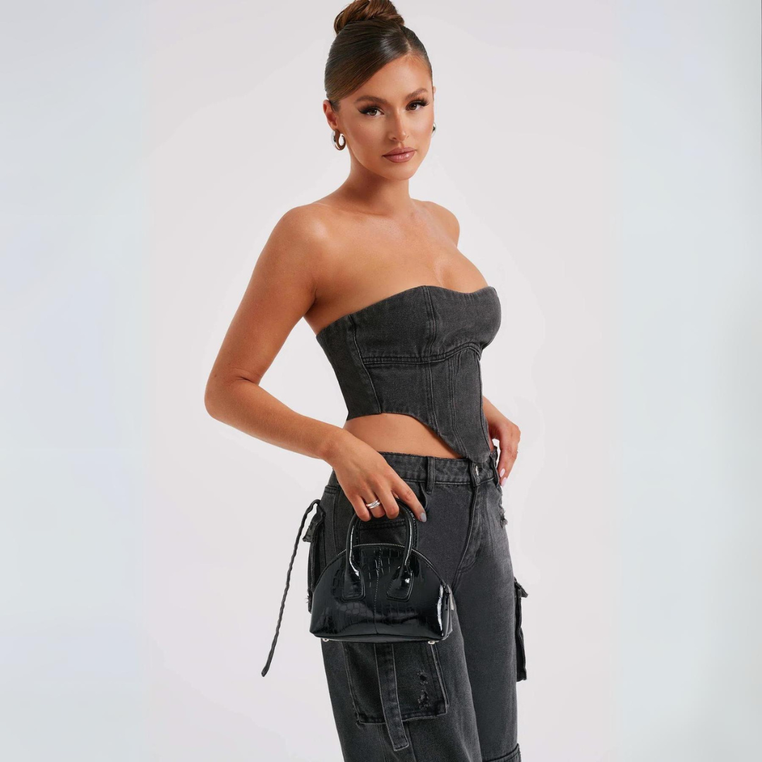 Conjunto Jeans Cargo e Cropped Corset com Amarração
