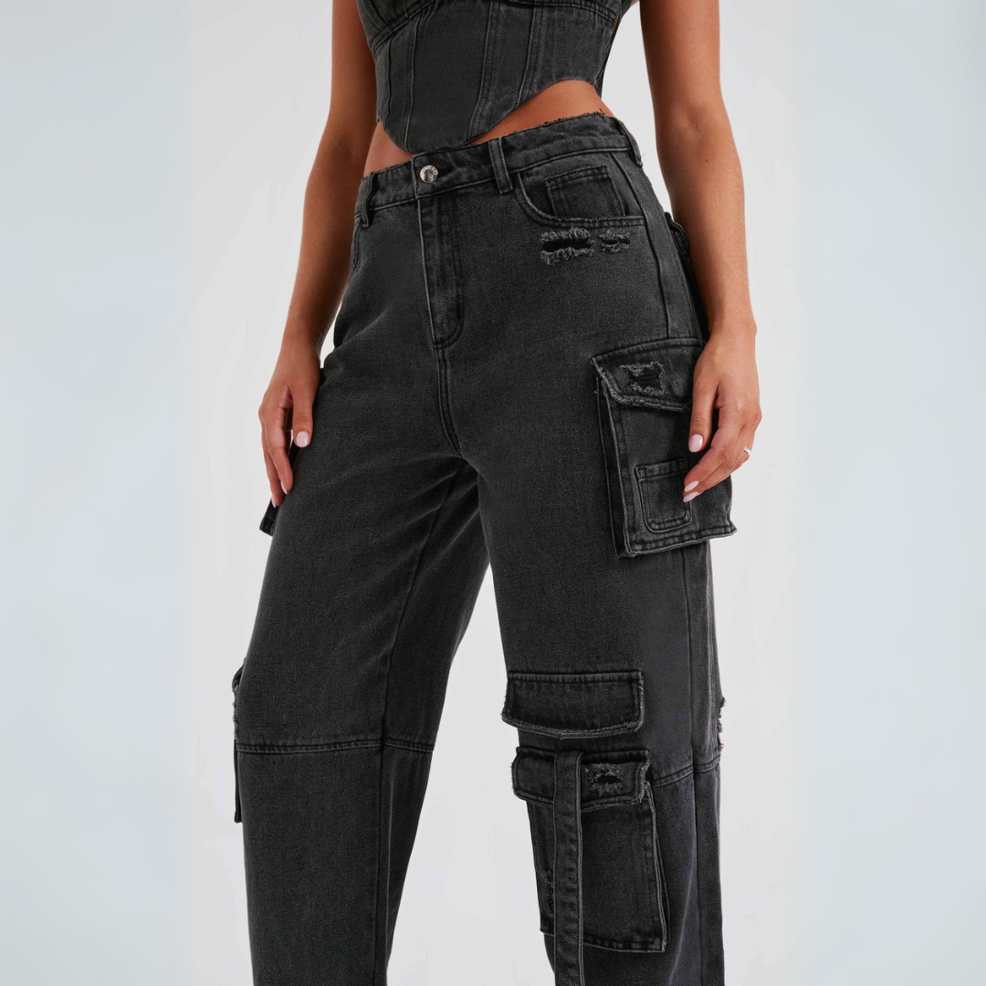 Conjunto Jeans Cargo e Cropped Corset com Amarração