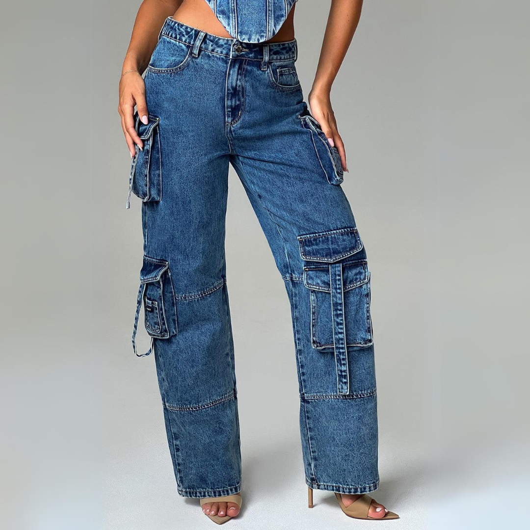 Conjunto Jeans Cargo e Cropped Corset com Amarração