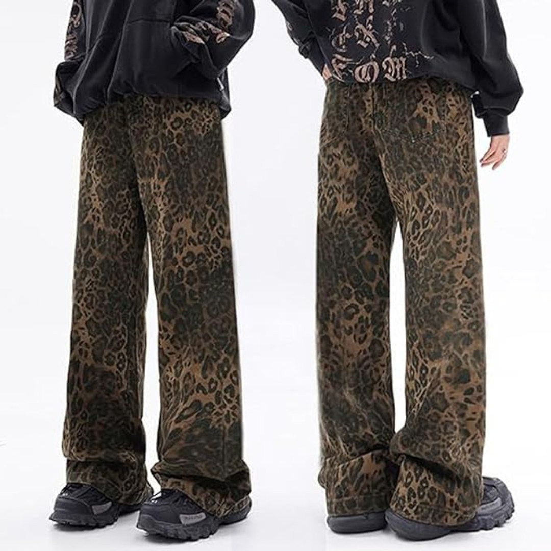Calça Jeans Oversized Leopard Print