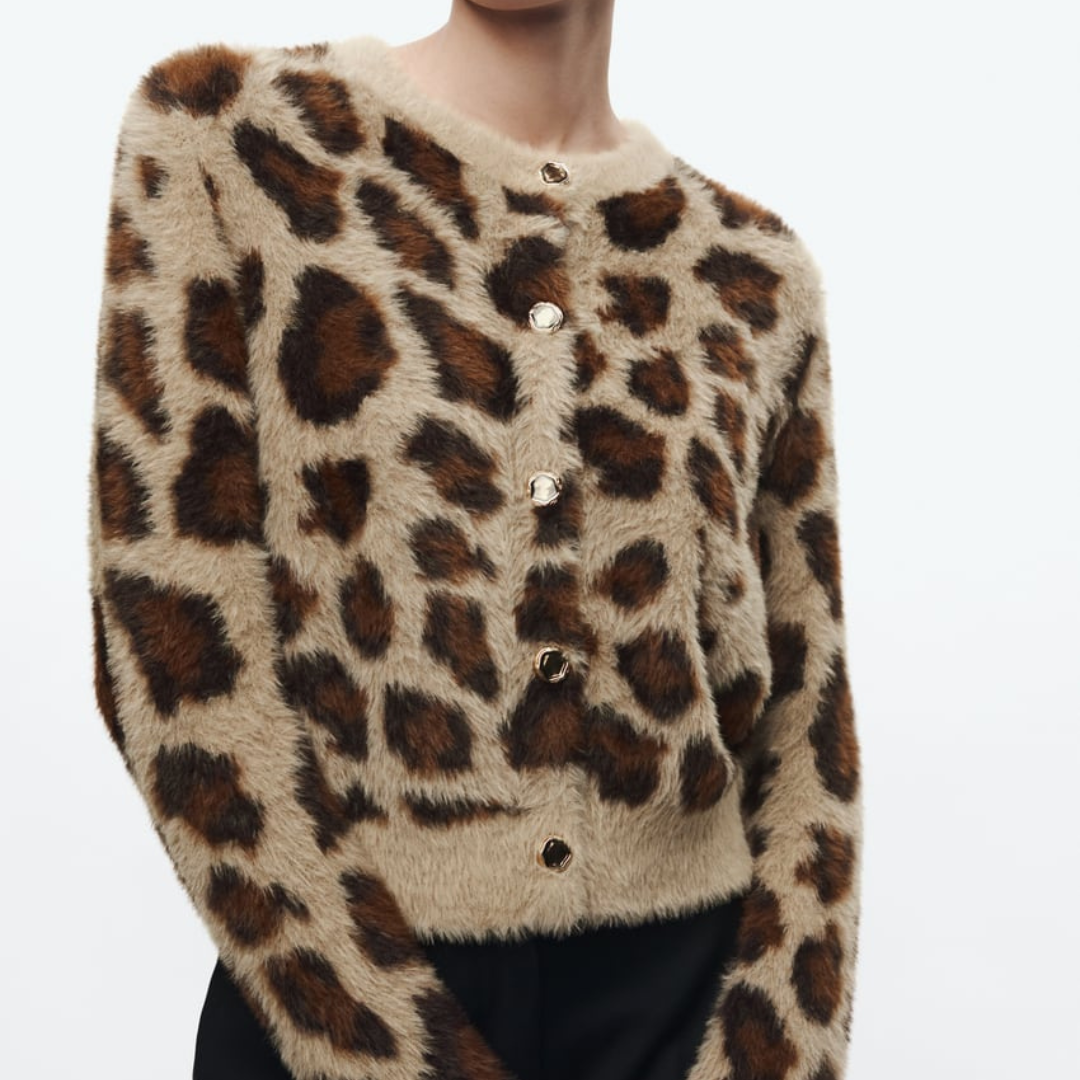 Cardigan Tricô com Pelo Sintético Leopard Print