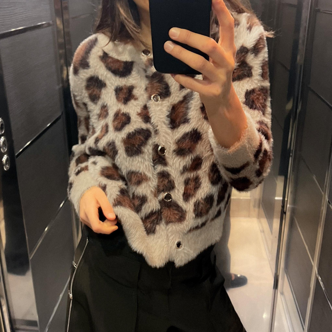 Cardigan Tricô com Pelo Sintético Leopard Print