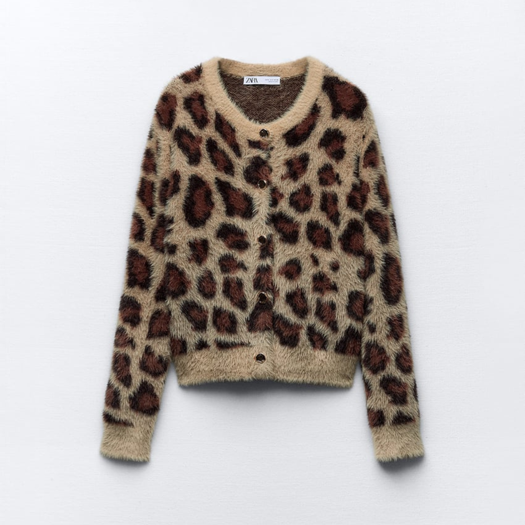 Cardigan Tricô com Pelo Sintético Leopard Print