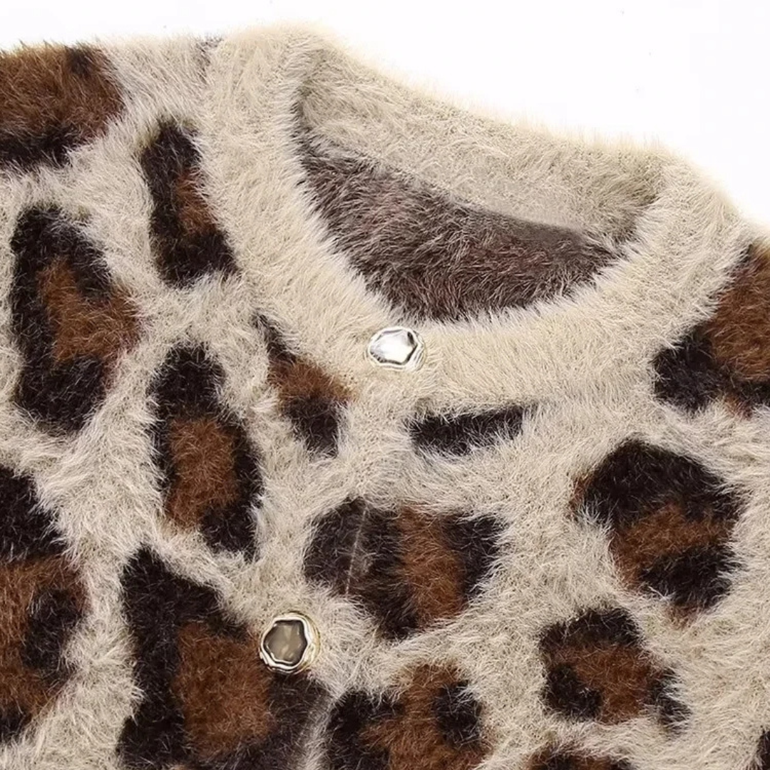 Cardigan Tricô com Pelo Sintético Leopard Print